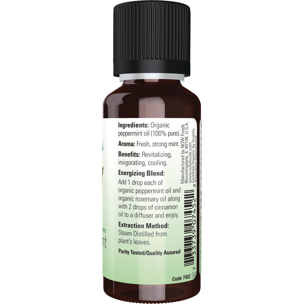 NWF626 | Back label of brown essential oil bottle listing Ingredients: Organic peppermint oil, aroma, benefits and usage - Thumbnail