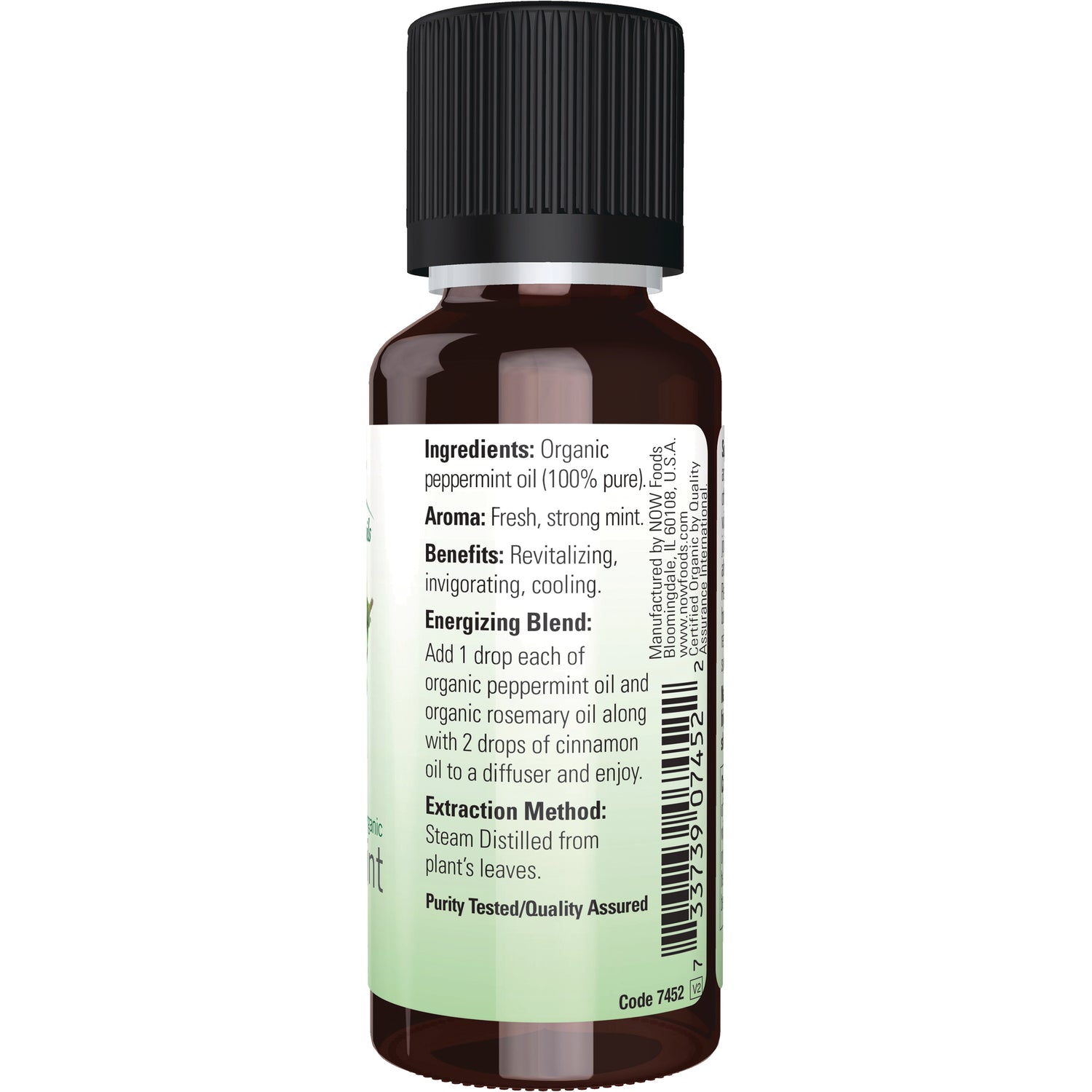 NWF626 | Back label of brown essential oil bottle listing Ingredients: Organic peppermint oil, aroma, benefits and usage