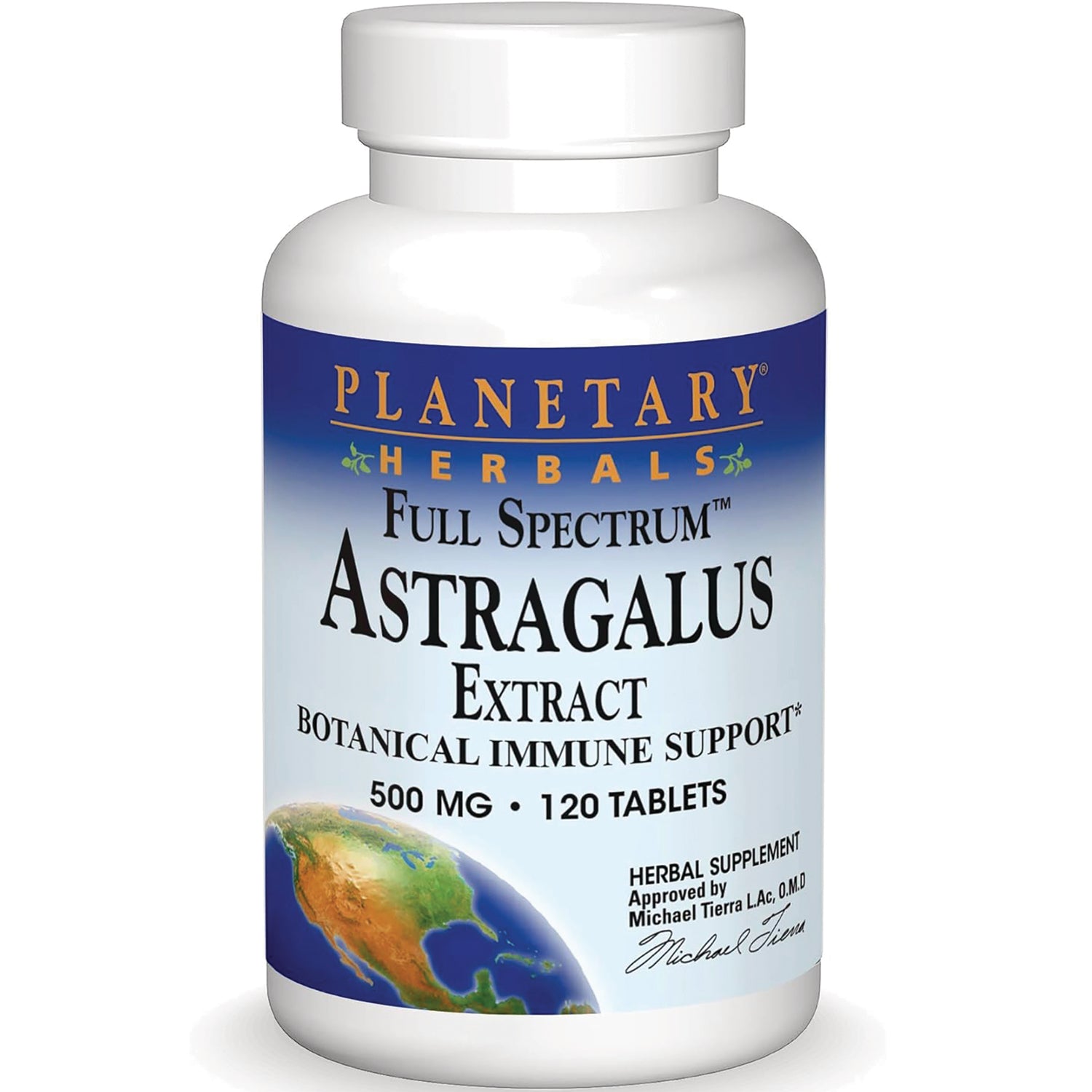 PF096 | white bottle labeled Planetary Herbals Full Spectrum Astragalus Extract 500 MG 120 TABLETS front label