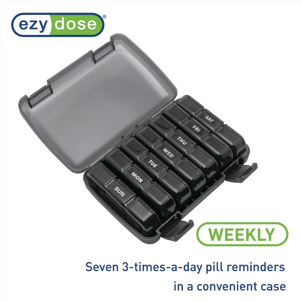 APP11 | Open black weekly pill organizer with seven labeled day compartments and ezydose logo - Thumbnail