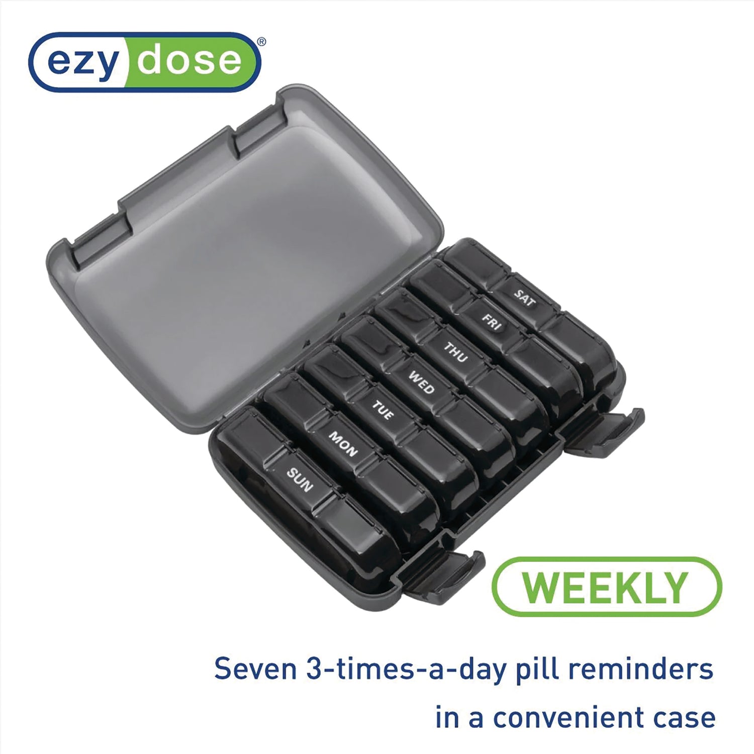 APP11 | Open black weekly pill organizer with seven labeled day compartments and ezydose logo