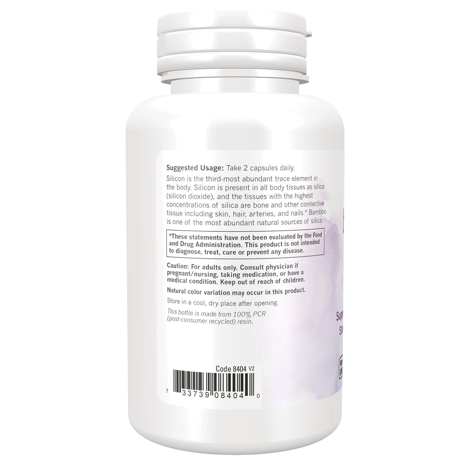 NWF1400 | Back label of white supplement bottle showing suggested usage, caution text, and barcode