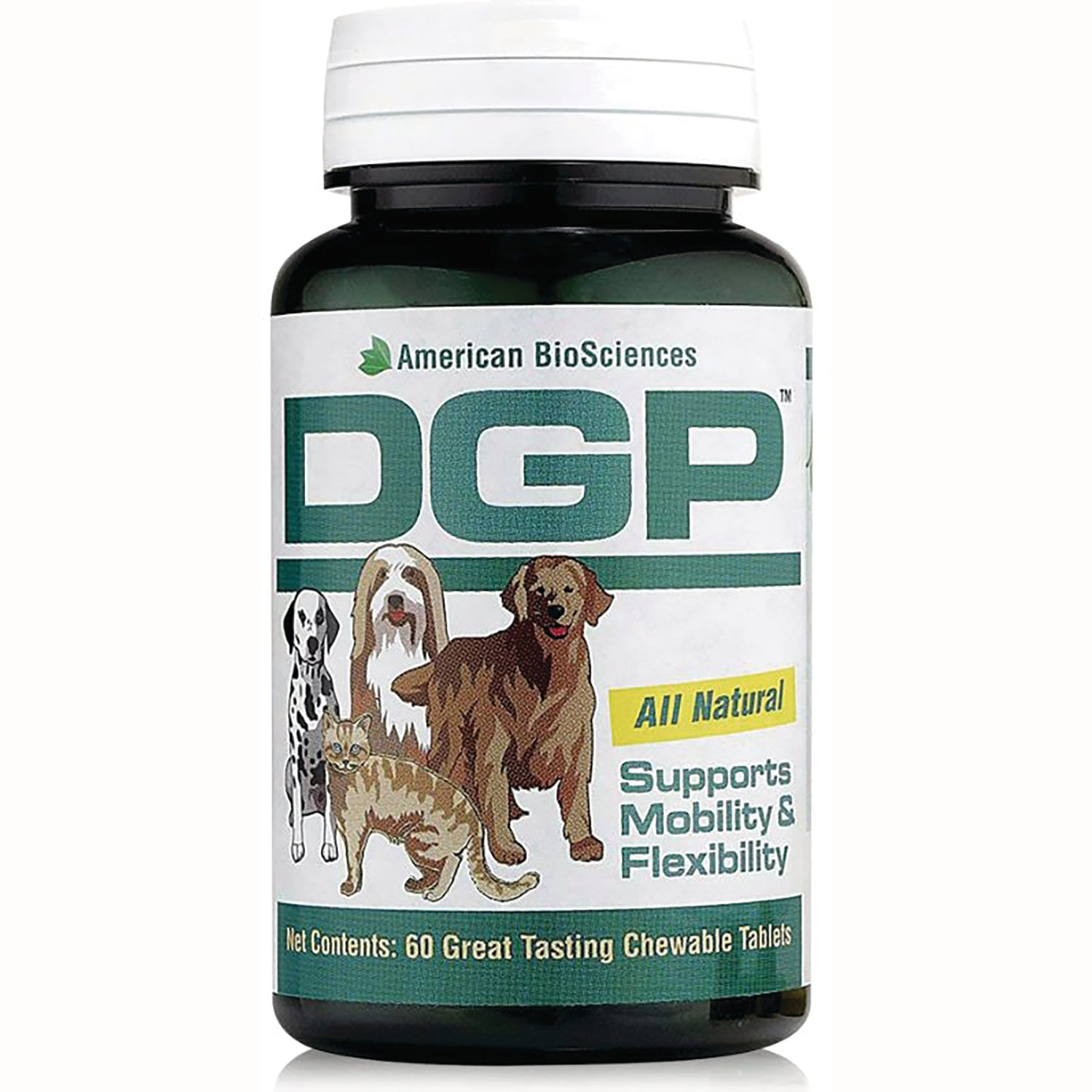 AMB009 | DGP supplement bottle front label showing dogs and a cat and text 'Supports Mobility & Flexibility'