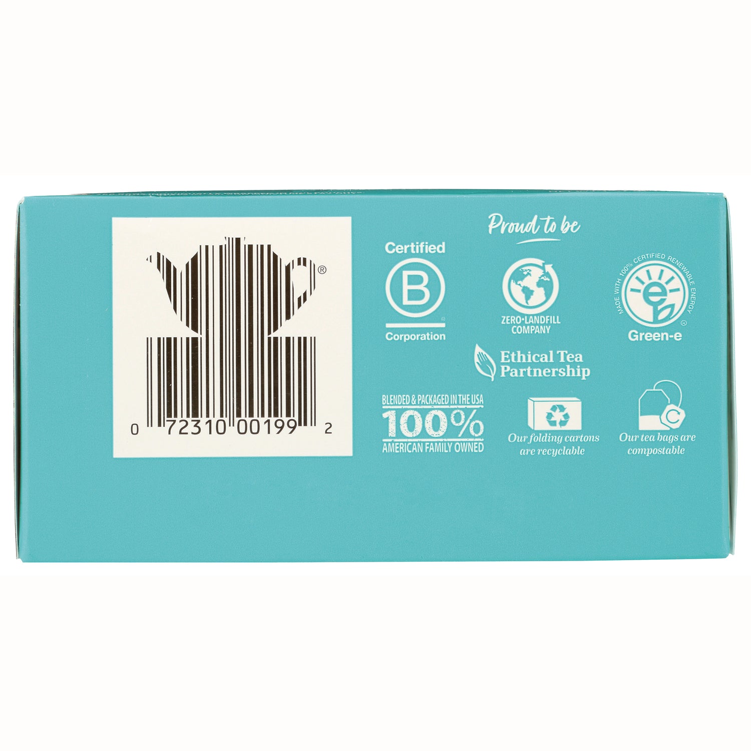 BGT022 | teal box back with teapot-shaped barcode, certification icons, and visible text 100% AMERICAN FAMILY OWNED