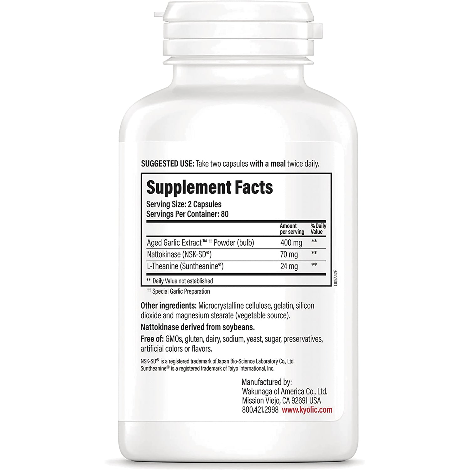 Supplement Facts label on white bottle showing serving size, ingredient amounts, and manufacturer details