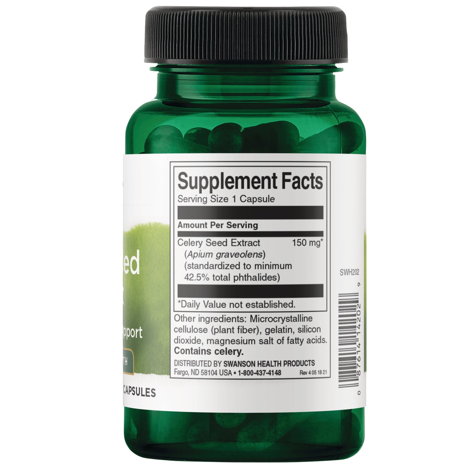 SWH202 | Back label showing Supplement Facts for celery seed extract 150 mg, serving size 1 capsule, ingredients and barcode