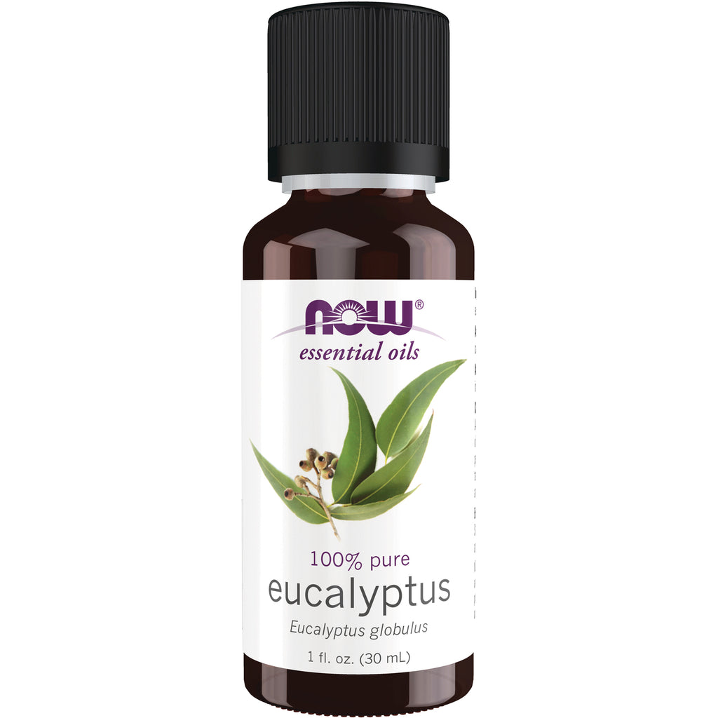 NWF045 | NOW essential oils eucalyptus 100% pure 1 fl oz (30 mL) brown glass bottle with black cap - Thumbnail