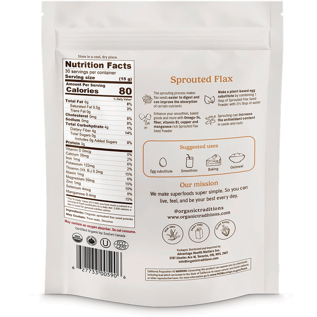 OTR070 | Back of sprouted flax seed powder pouch showing Nutrition Facts, suggested uses, mission and barcode - Thumbnail