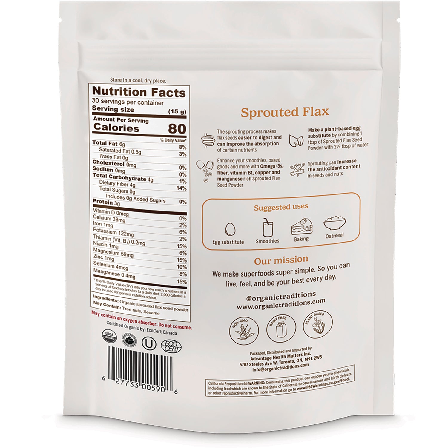 OTR070 | Back of sprouted flax seed powder pouch showing Nutrition Facts, suggested uses, mission and barcode