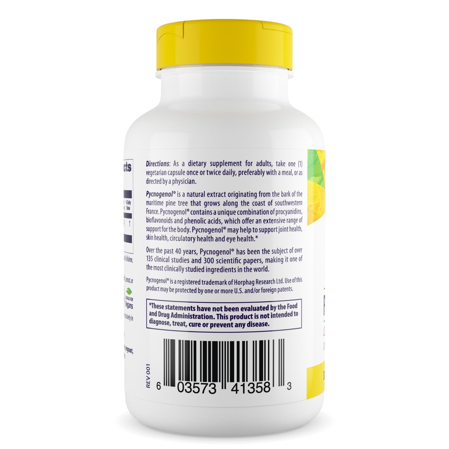 HRG061 | Back of white supplement bottle showing directions text, disclaimer box and barcode
