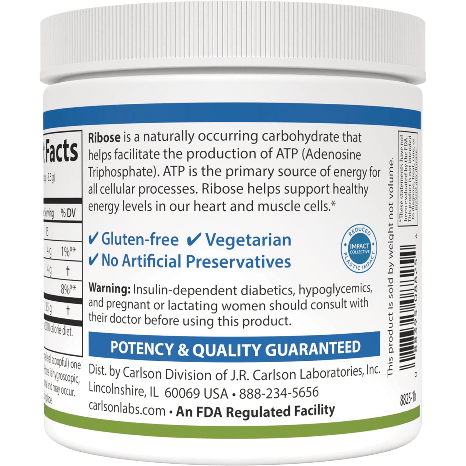 CSN141 | Back label showing ribose description, gluten-free and vegetarian claims, warning text, and potency & quality guaranteed banner