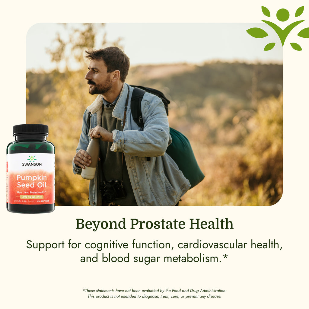 SW364 | Man hiking with Swanson Pumpkin Seed Oil bottle and text: Beyond Prostate Health - Thumbnail