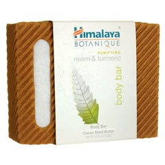 HHH051 | Himalaya Botanique purifying neem & turmeric body bar packaging with leaf graphic and cacao seed butter label