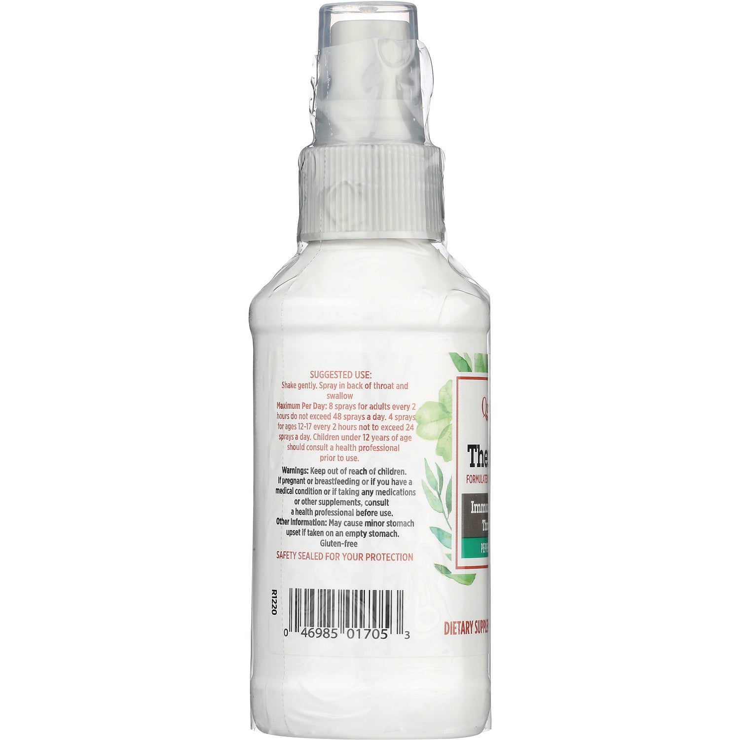 QU040 | Back of white spray bottle showing suggested use text, warnings, and barcode