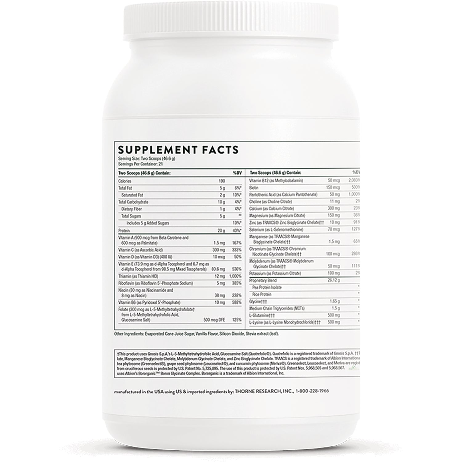 TRN010 | Back label showing Supplement Facts panel on white supplement jar