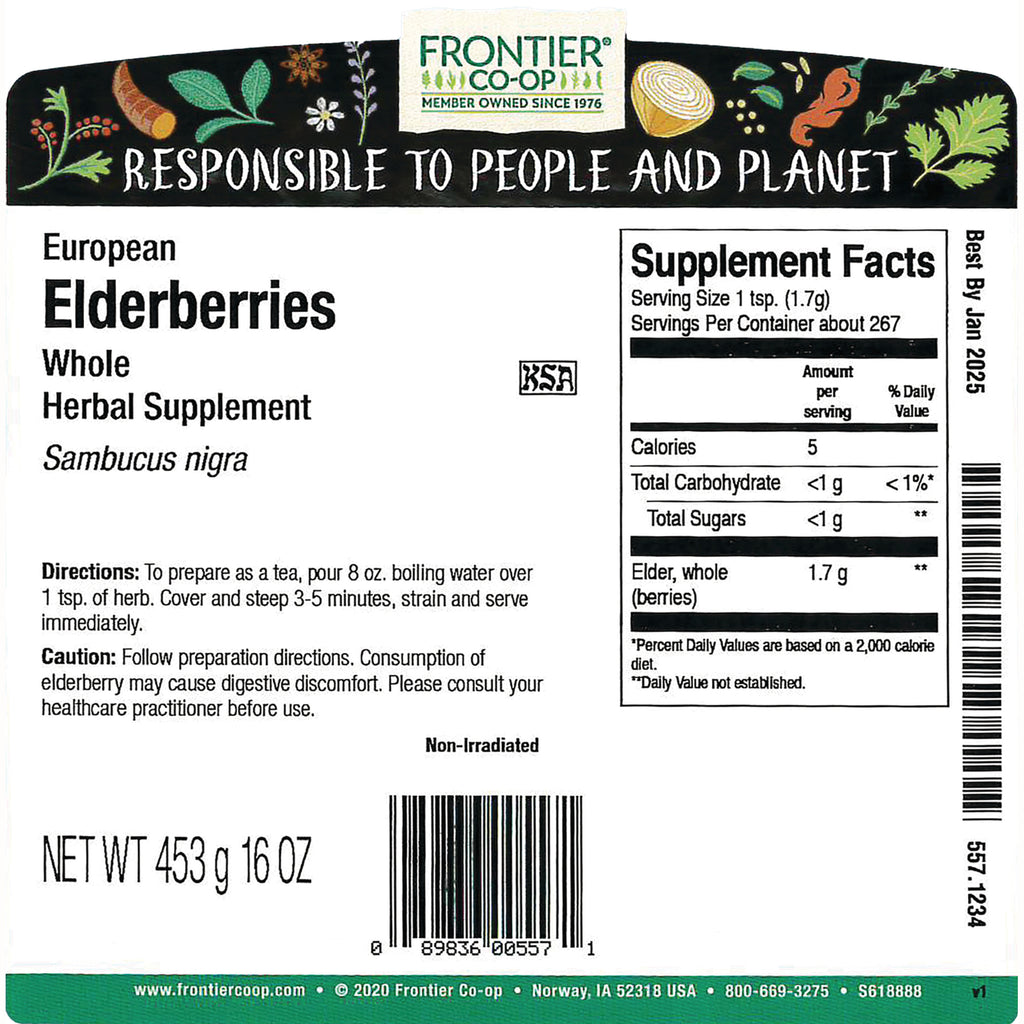 FNP380 | Back label of Frontier Co-op European Elderberries whole herbal supplement showing supplement facts, directions, net wt 453 g - Thumbnail