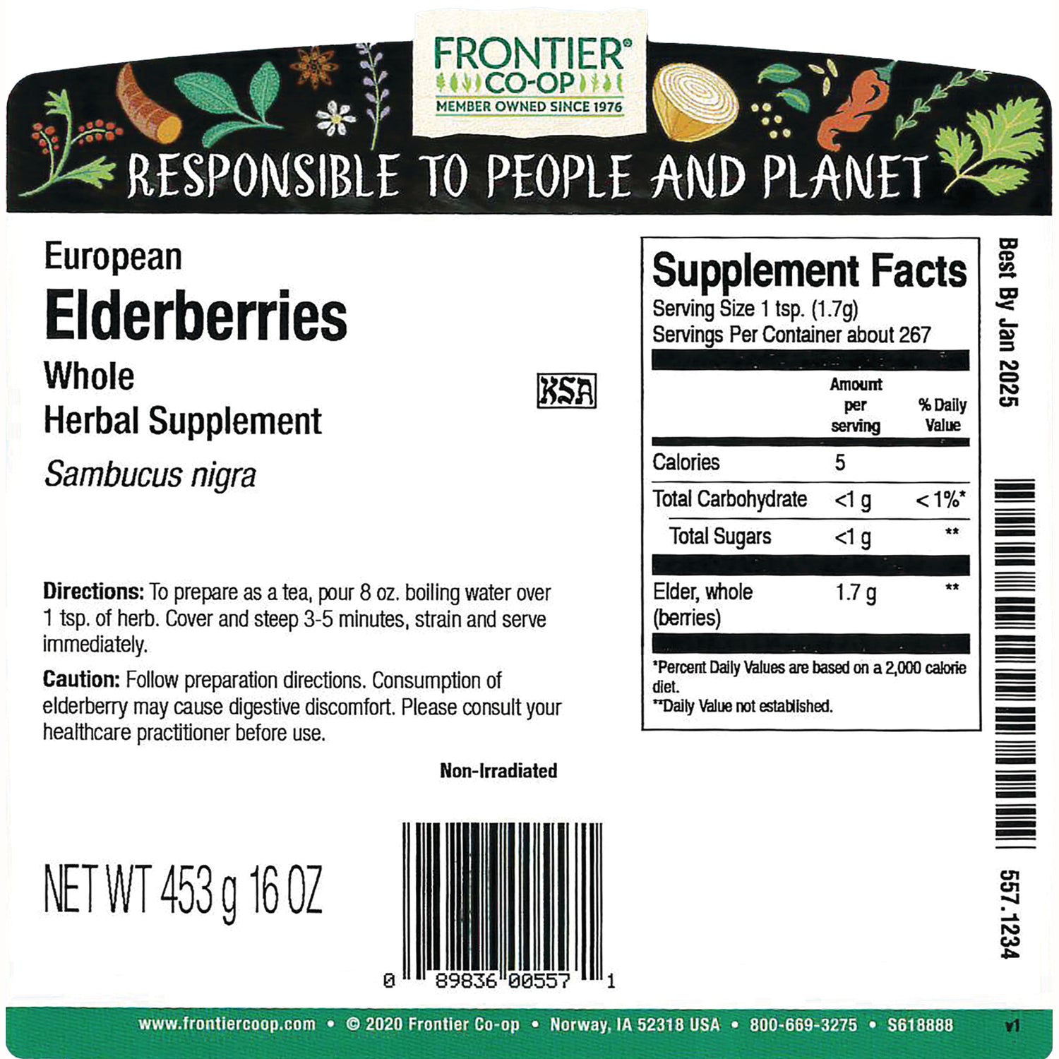 FNP380 | Back label of Frontier Co-op European Elderberries whole herbal supplement showing supplement facts, directions, net wt 453 g