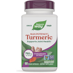 NW872 | Nature's Way Max Potency Turmeric supplement bottle front label showing 750 mg per serving and 60 vegan capsules