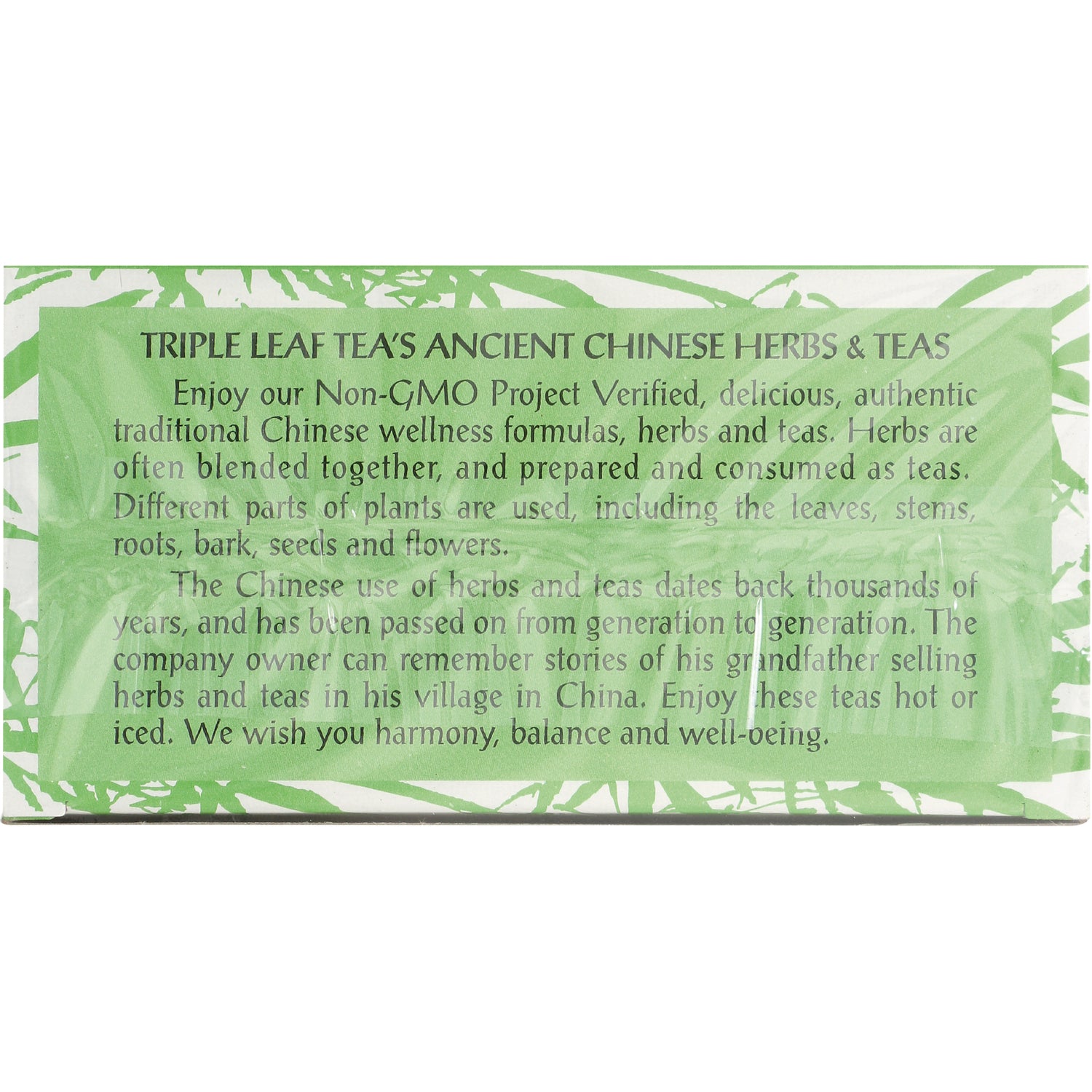 TLT020 | Text panel: TRIPLE LEAF TEAS ANCIENT CHINESE HERBS & TEAS; Non-GMO Project Verified message on green background