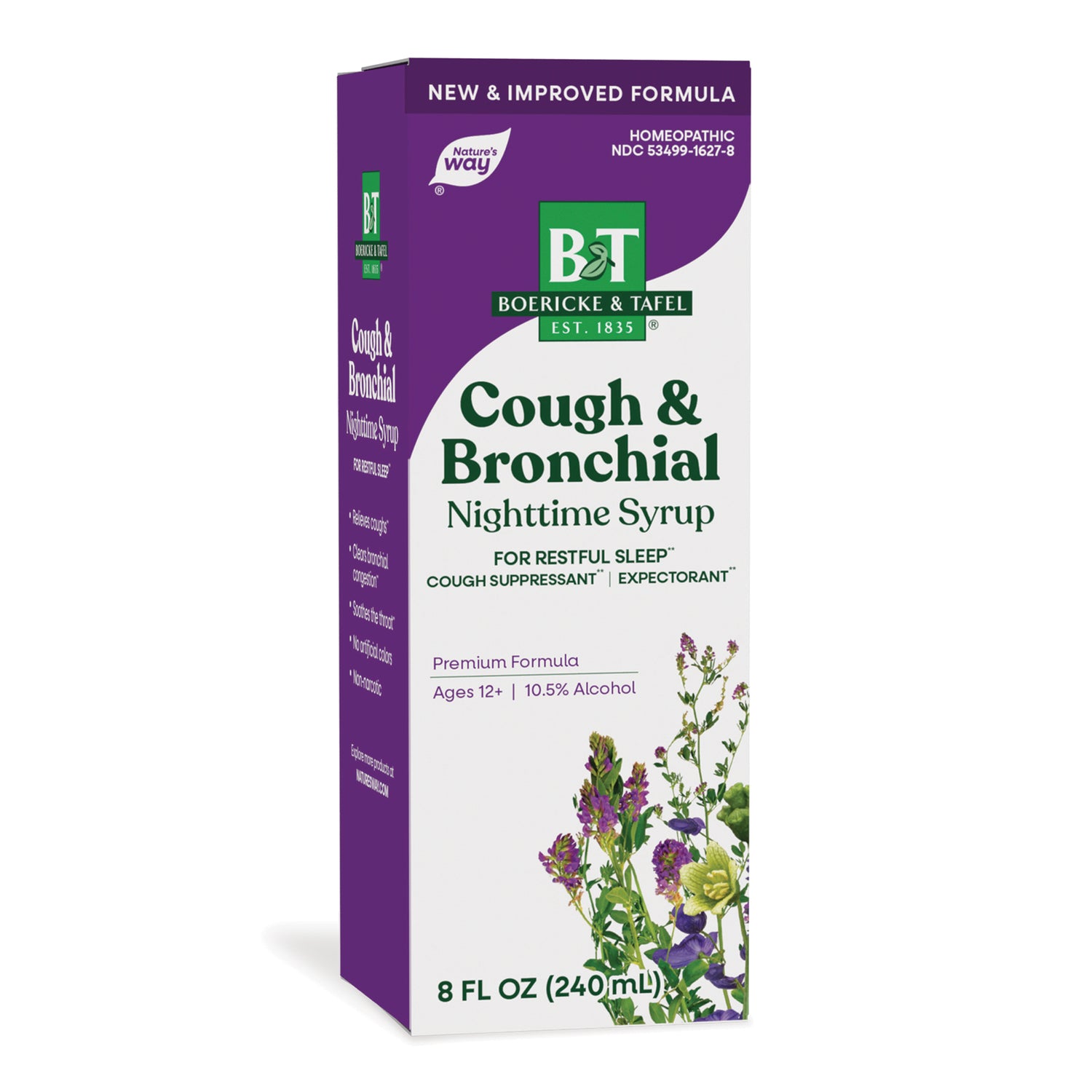 BRK059 | Boericke & Tafel Cough & Bronchial Nighttime Syrup box, 8 fl oz, with herbal illustrations