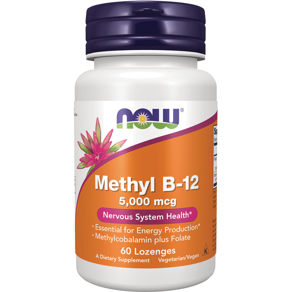 NWF493 | NOW Methyl B-12 5,000 mcg white bottle with orange label, 60 lozenges - Thumbnail