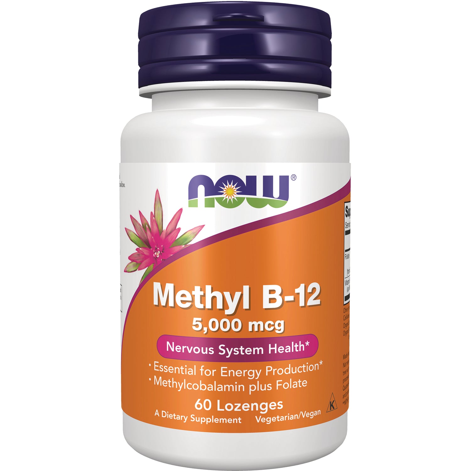 NWF493 | NOW Methyl B-12 5,000 mcg white bottle with orange label, 60 lozenges