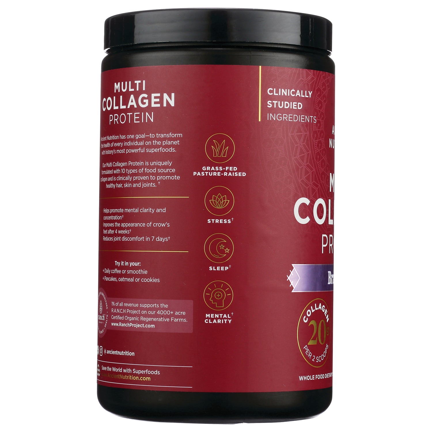 ATN093 | red Multi Collagen Protein jar back panel with ingredient icons for grass-fed, stress, sleep and mental clarity
