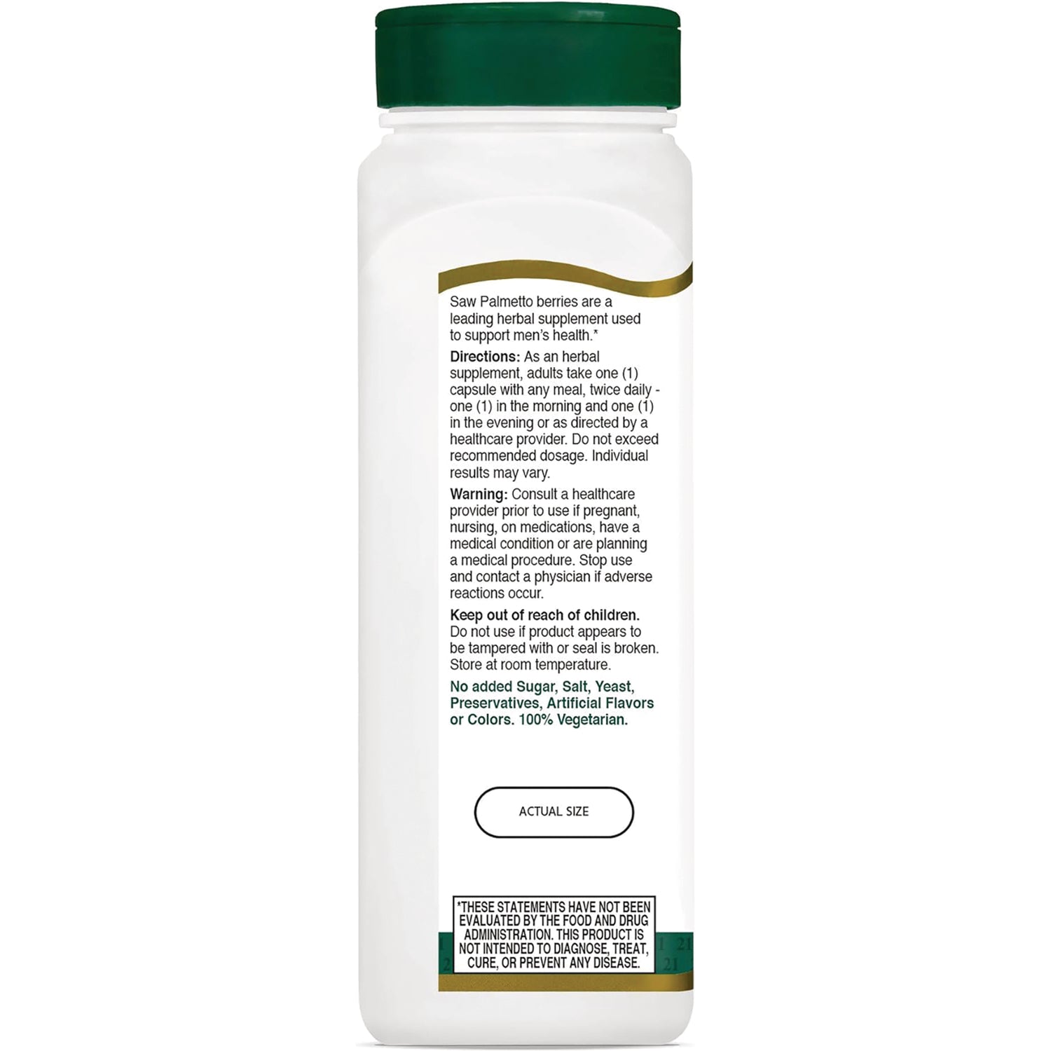 CNT140 | back label of white supplement bottle showing directions, warnings, no added sugar statement and actual size marker