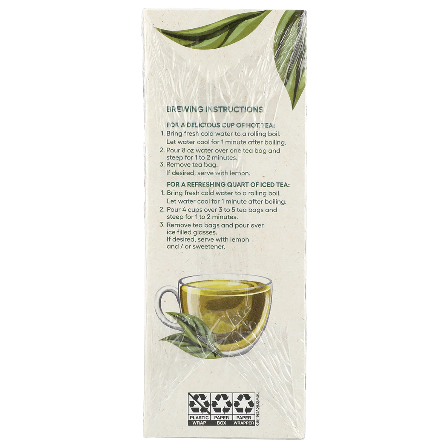 NWM041 | Back of tea box showing brewing instructions, cup illustration and recycling symbols