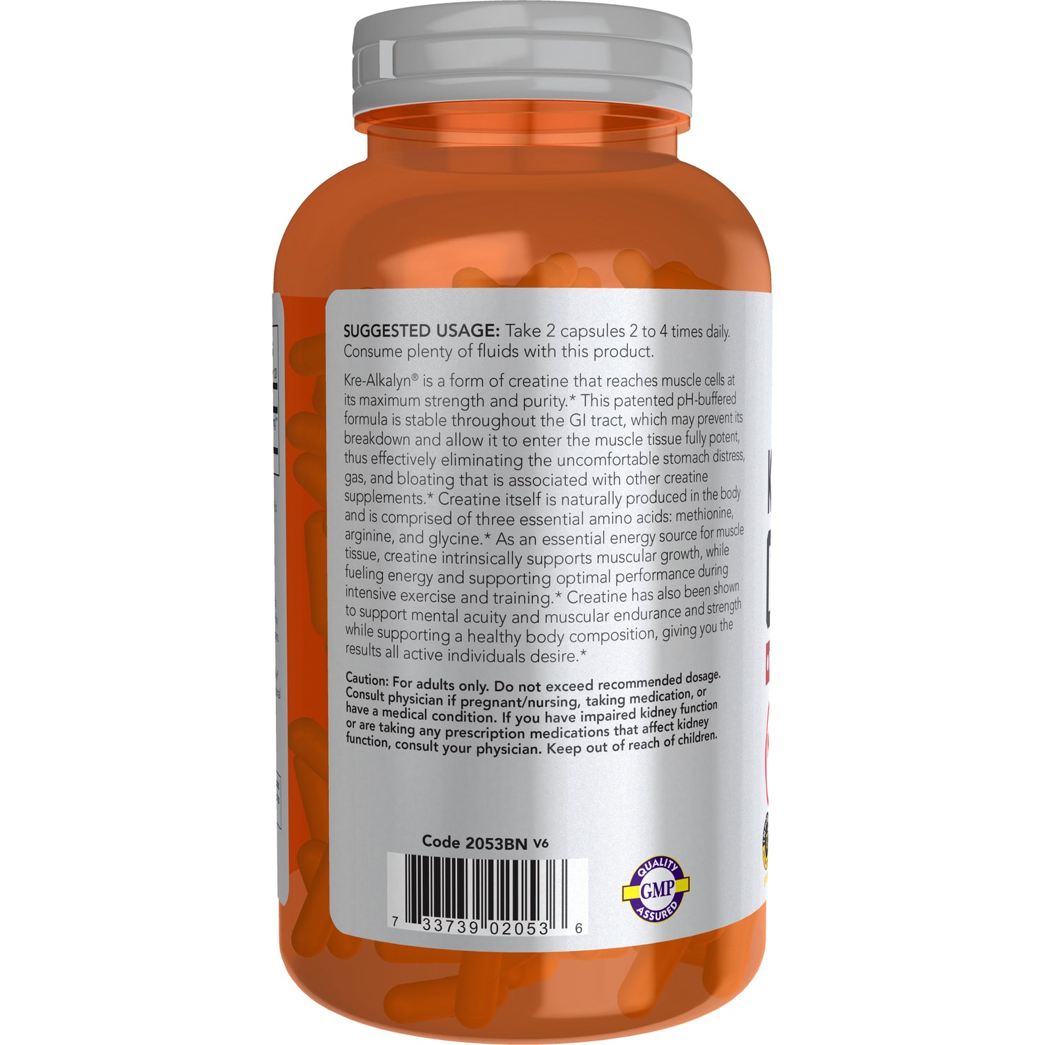 NWF1051 | Back of orange supplement bottle showing suggested usage text, ingredients block, barcode and GMP seal
