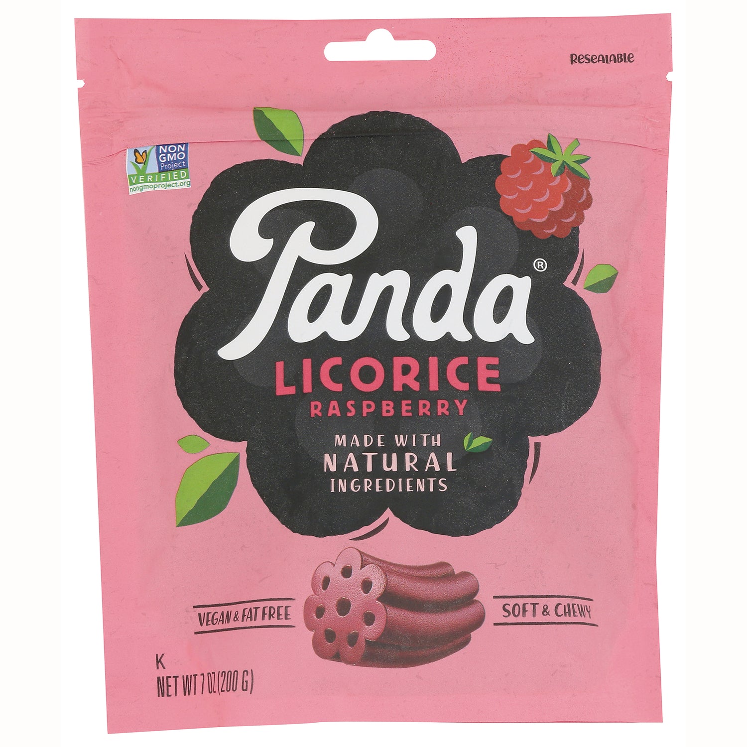 PND002 | Pink front pouch of Panda Licorice Raspberry showing made with natural ingredients and vegan & fat free