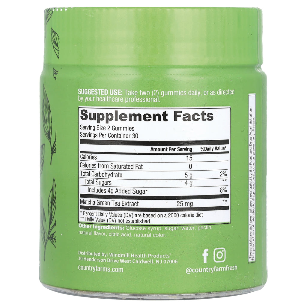 CFR028 | Back of green supplement bottle showing Supplement Facts panel, serving size 2 gummies and Matcha Green Tea Extract 25 mg - Thumbnail