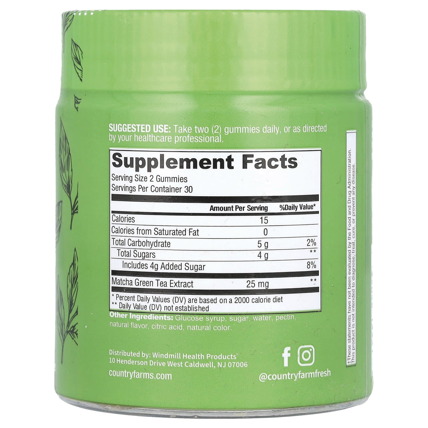 CFR028 | Back of green supplement bottle showing Supplement Facts panel, serving size 2 gummies and Matcha Green Tea Extract 25 mg