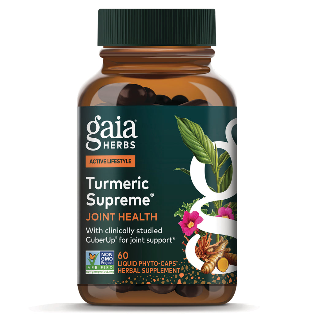 GH153 | Gaia Herbs Turmeric Supreme joint health supplement bottle front, label shows TURMERIC SUPREME, JOINT HEALTH, 60 vegan liquid phyto-caps - Thumbnail