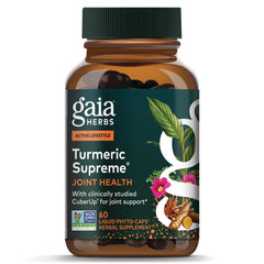 GH153 | Gaia Herbs Turmeric Supreme joint health supplement bottle front, label shows TURMERIC SUPREME, JOINT HEALTH, 60 vegan liquid phyto-caps