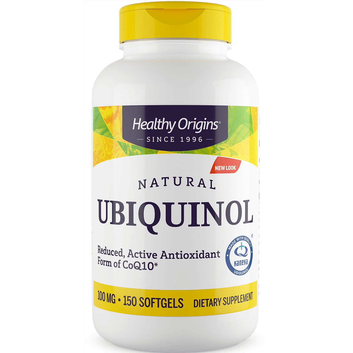 HRG034 | Healthy Origins Natural Ubiquinol 100 mg bottle, 150 softgels dietary supplement front label