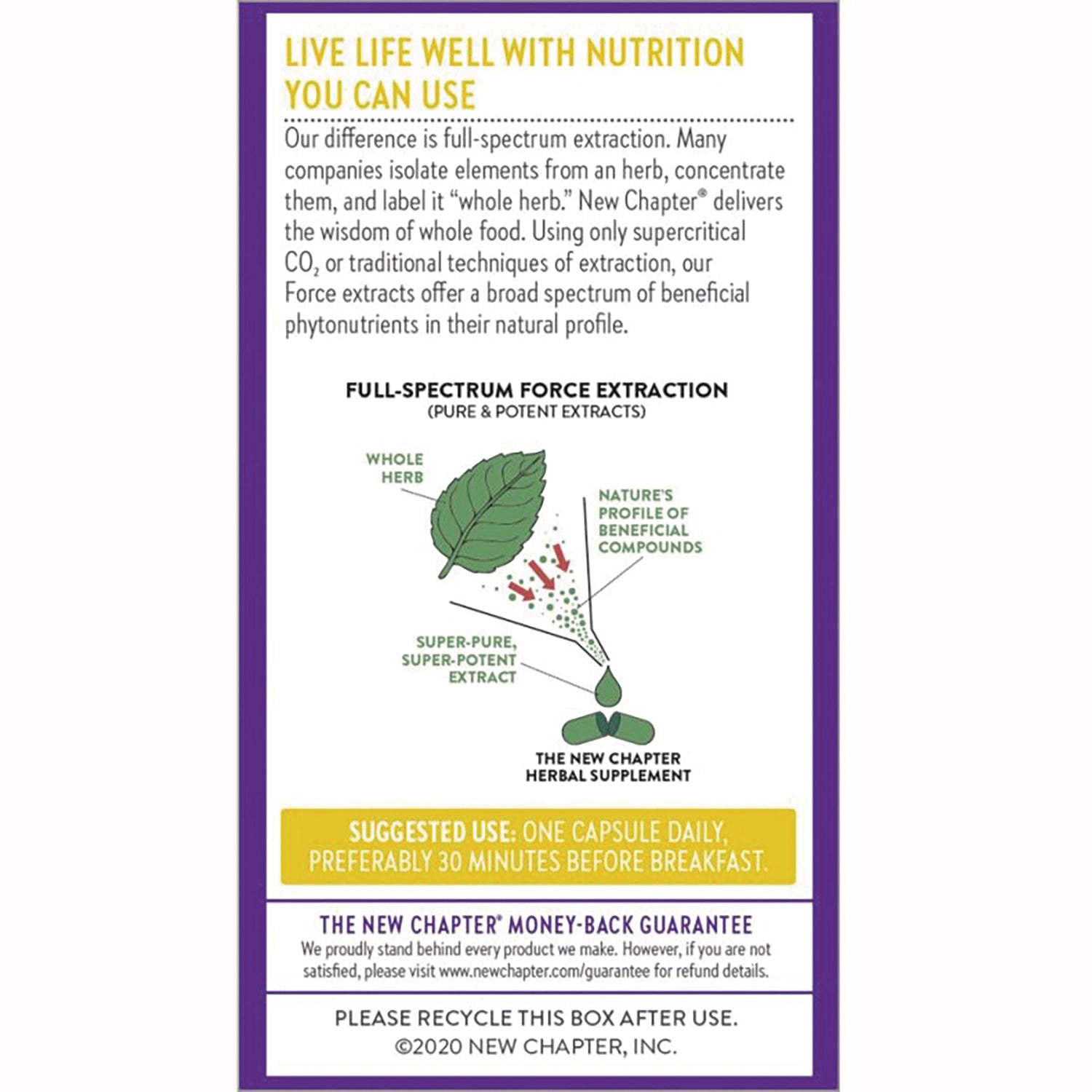 NWC039 | back label showing full-spectrum extraction infographic with leaf-to-capsule diagram and suggested use one capsule daily
