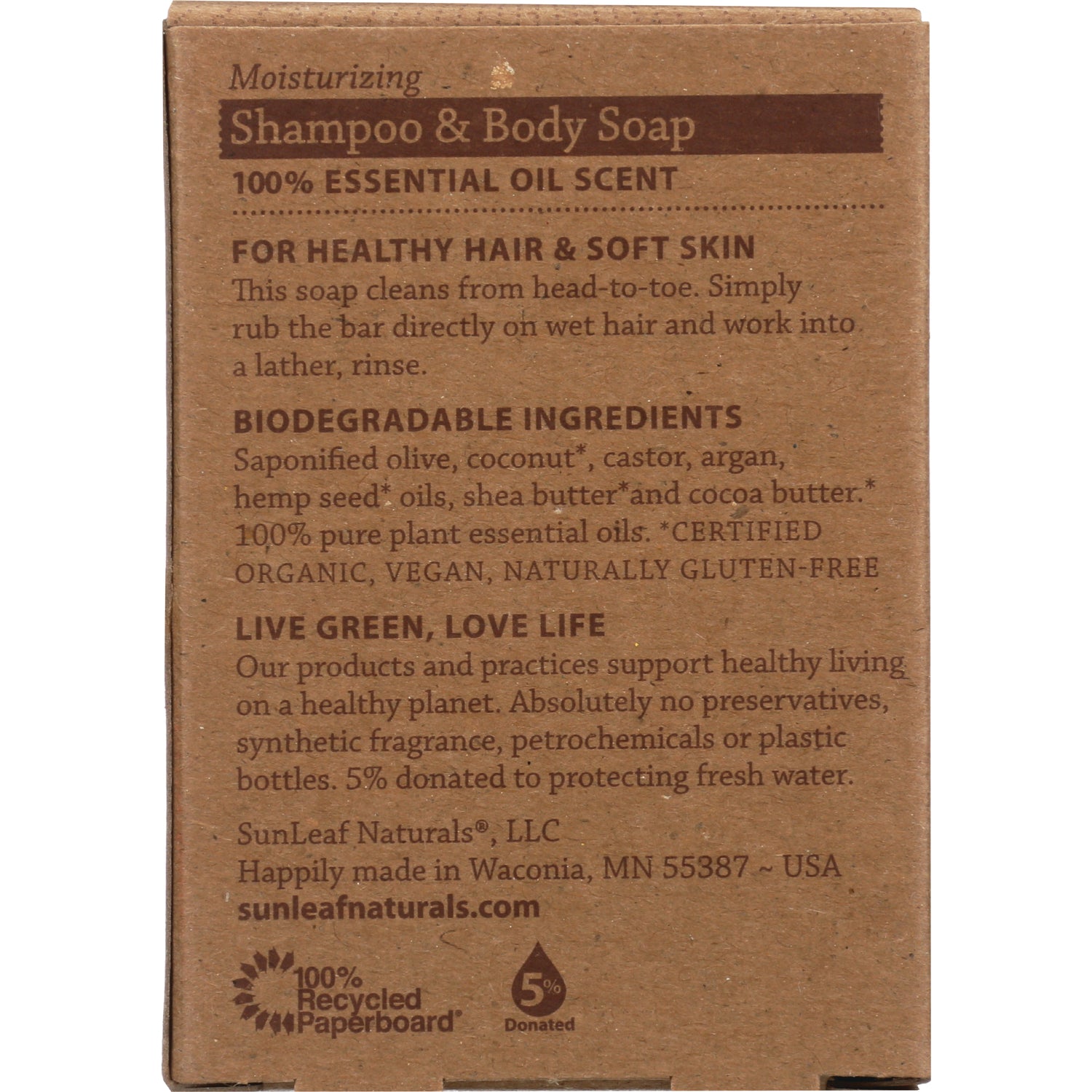 SLN005 | back of brown cardboard Shampoo & Body Soap box showing ingredients, biodegradable claims and company information