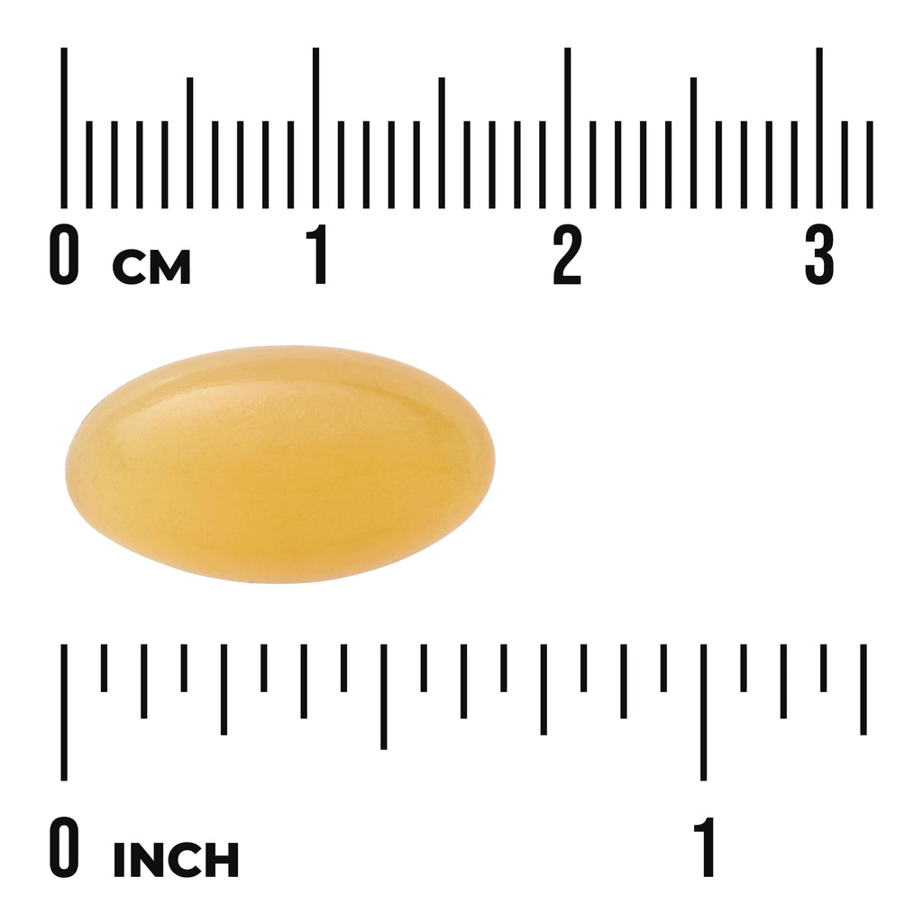 SWU022 | Yellow oval softgel capsule centered between centimeter and inch rulers showing size, visible text 'CM' and 'INCH' - Thumbnail