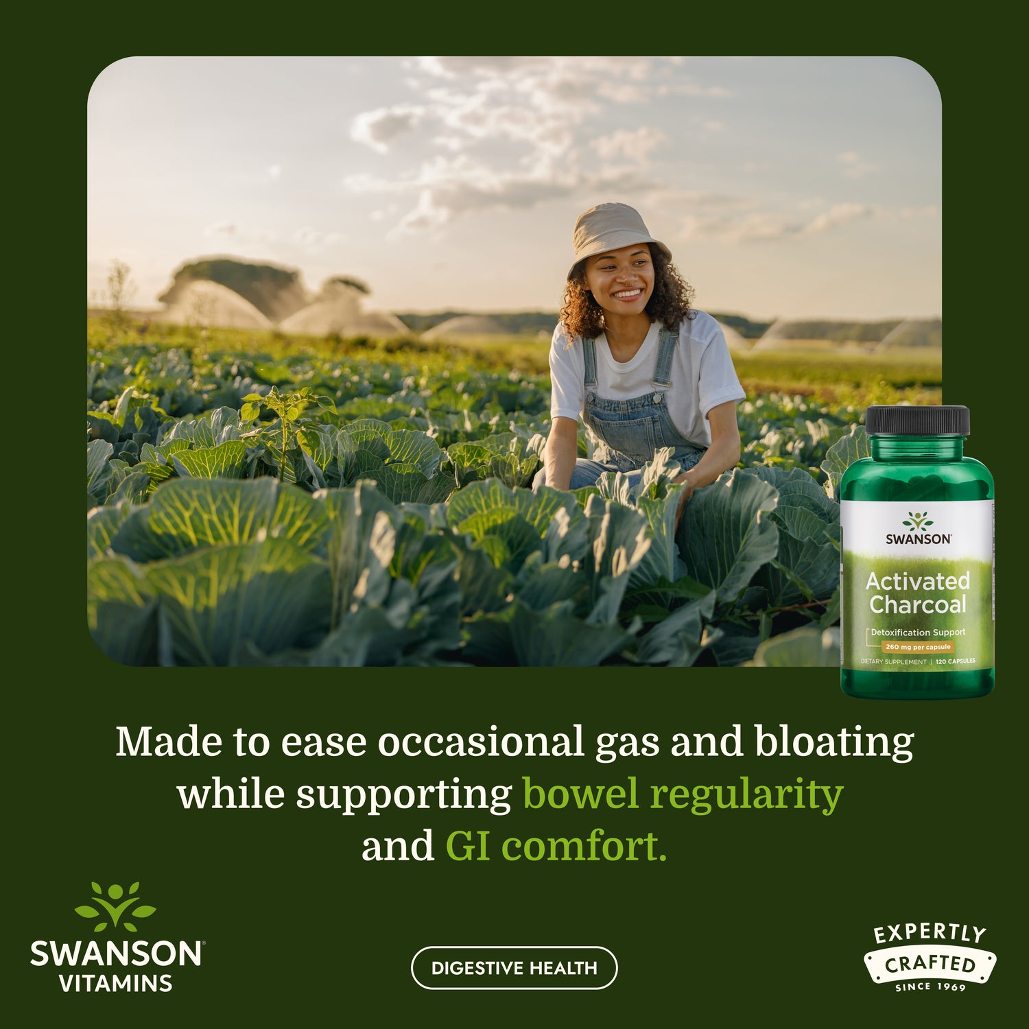 SW1355 | Woman harvests vegetables in a field beside Swanson Activated Charcoal bottle with digestive health messaging