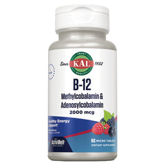 KL571 | KAL B-12 Methylcobalamin & Adenosylcobalamin 2000 mcg bottle, mixed berry 60 micro tablets