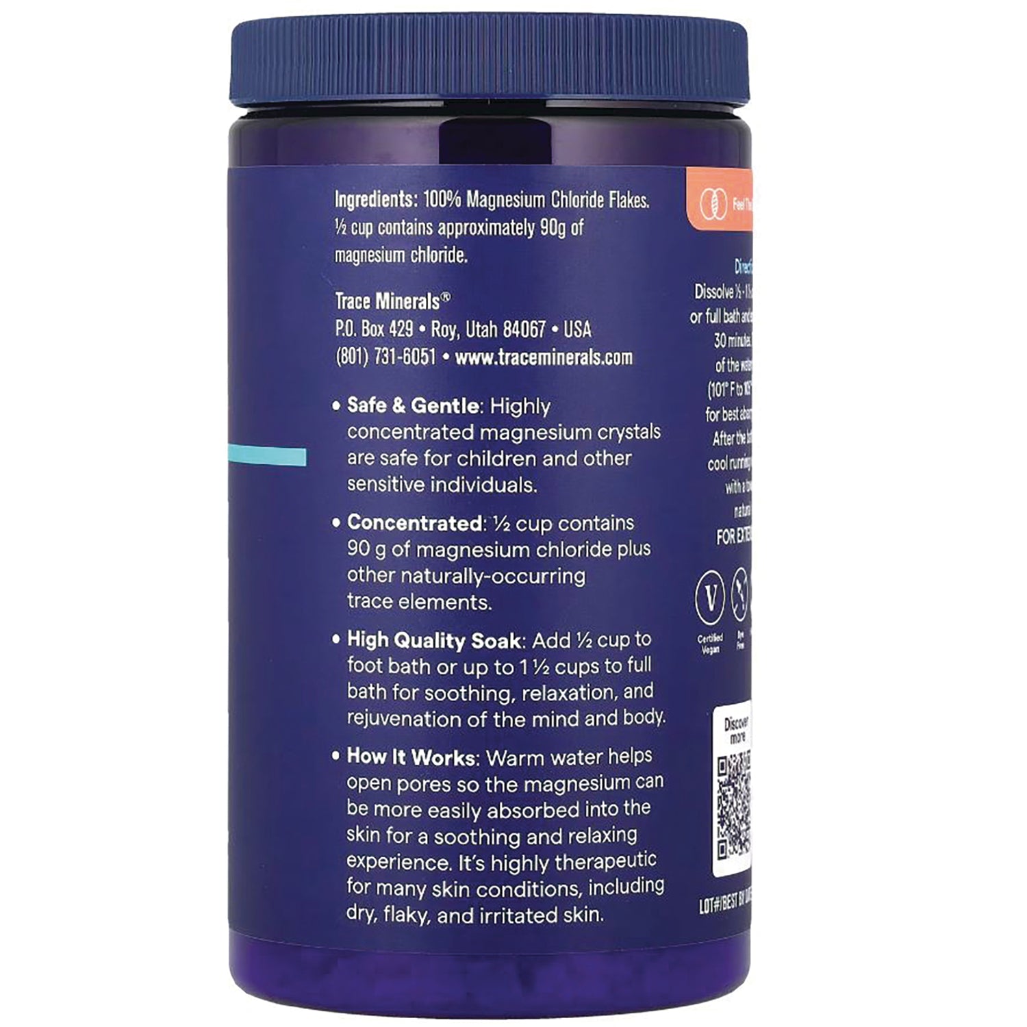 TM086 | Back label of Trace Minerals magnesium chloride flakes with ingredients, usage directions, and QR code
