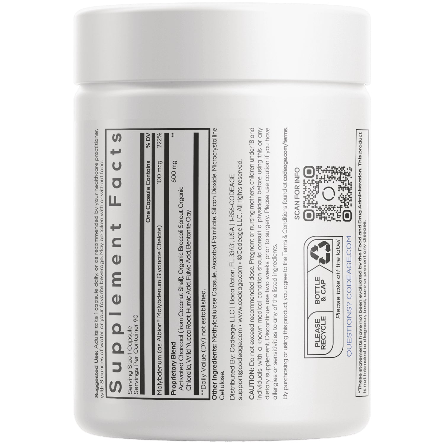 CDG049 | Supplement facts and ingredient panel on white supplement bottle back with QR code and recycling icon