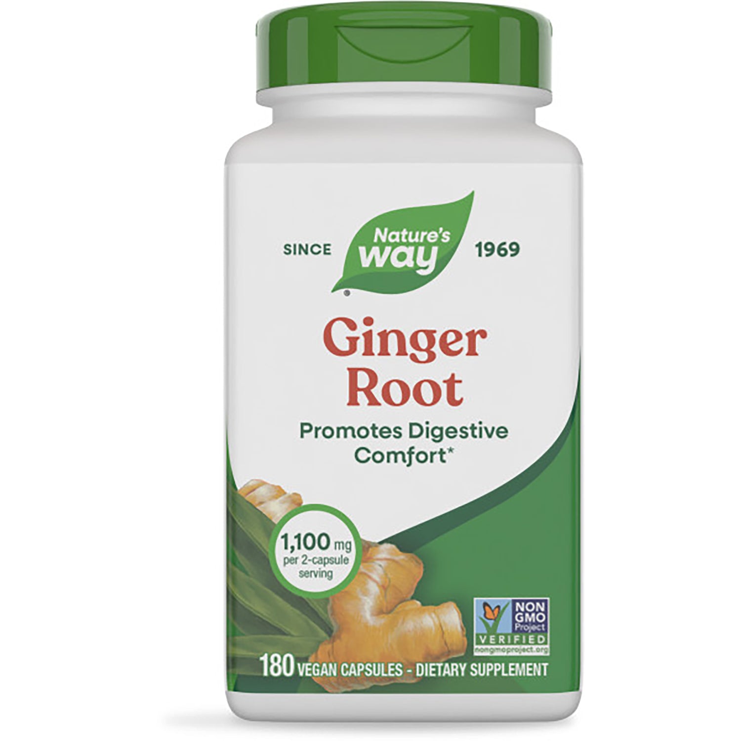 NW486 | Nature's Way Ginger Root supplement bottle, front label reading GINGER ROOT Promotes Digestive Comfort 180 vegan capsules