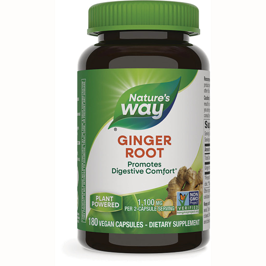 NW486 | Nature's Way Ginger Root supplement bottle, front label reading GINGER ROOT Promotes Digestive Comfort 180 vegan capsules - Thumbnail
