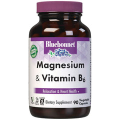 BLU099 | Bluebonnet Magnesium & Vitamin B6 dietary supplement bottle, 90 vegetable capsules, Relaxation & Heart Health