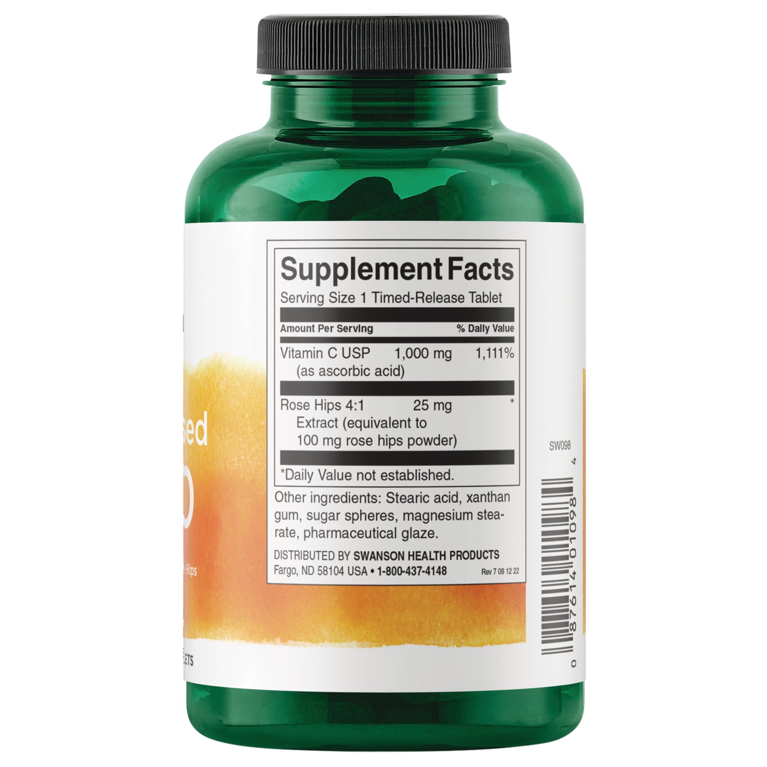 SW099 | Back label with Supplement Facts: Vitamin C USP 1,000 mg with rose hips; barcode and ingredients panel