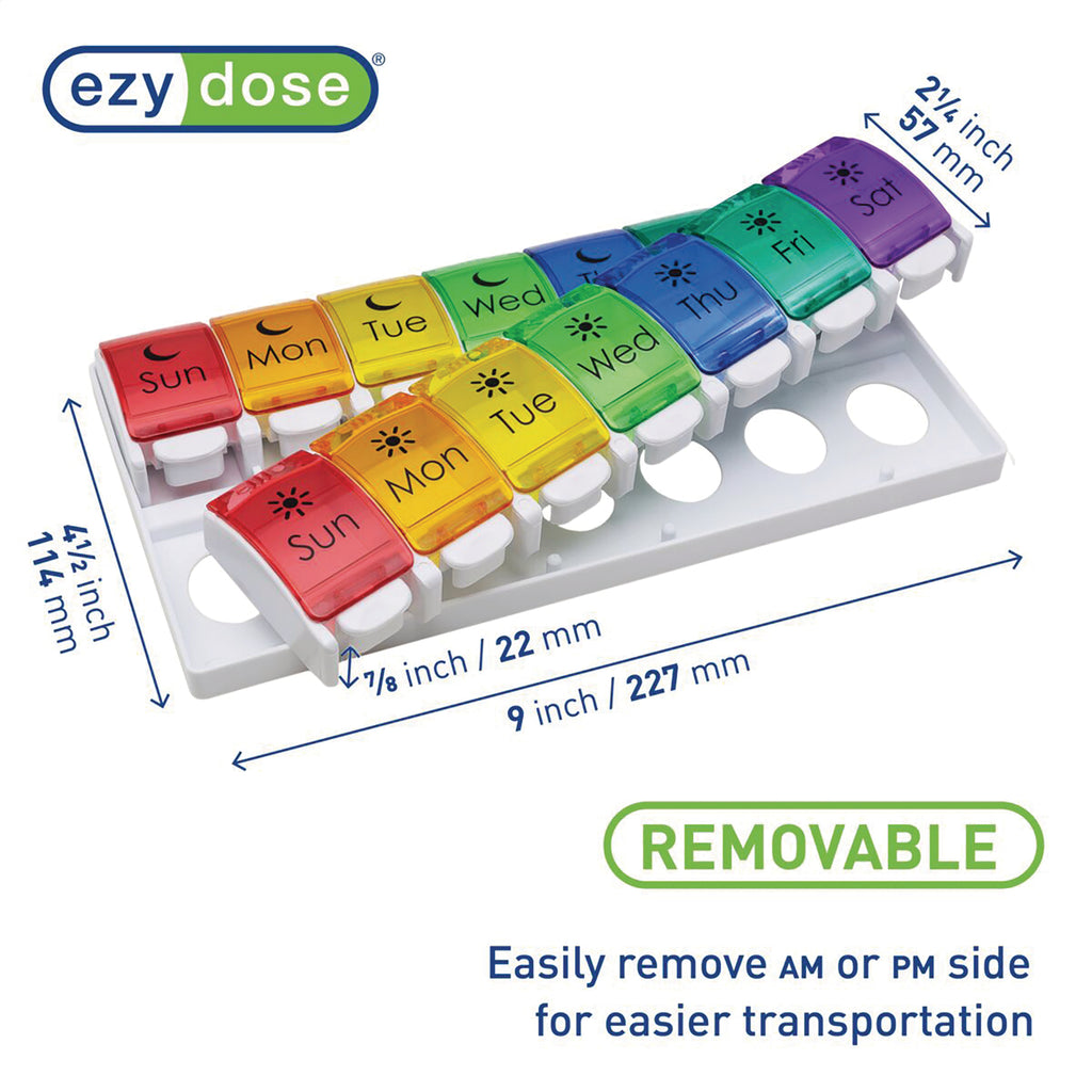 APP12 | Ezy Dose removable weekly AM/PM pill organizer with dimensions; REMOVABLE for easier transportation - Thumbnail