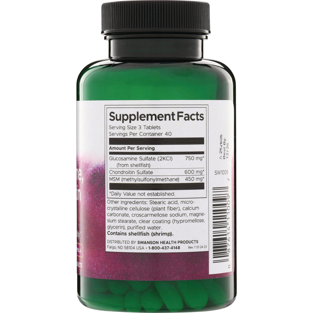 SW1009 | Back label with Supplement Facts: serving size 3 tablets; glucosamine 750 mg, chondroitin 600 mg, MSM 450 mg - Thumbnail