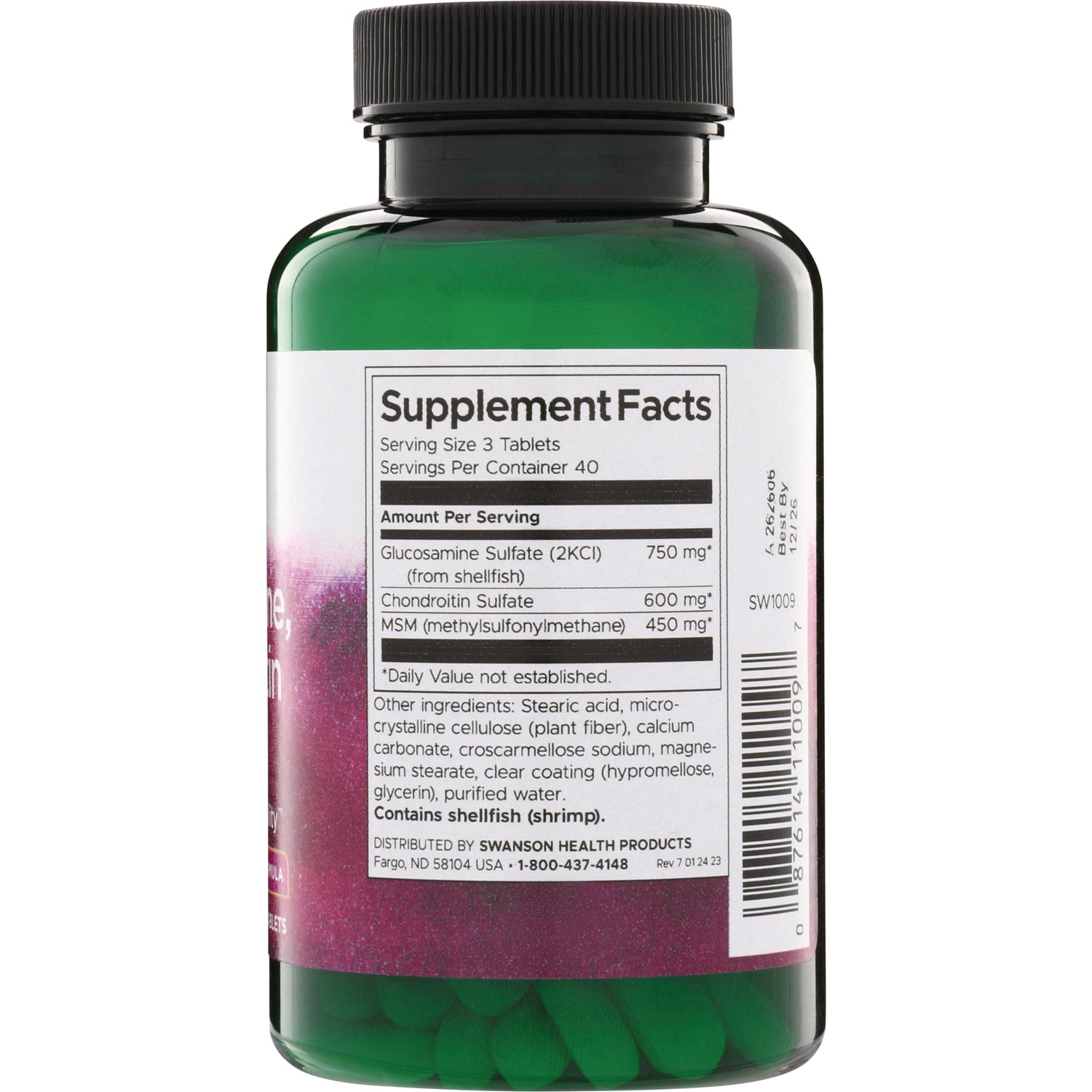 SW1009 | Back label with Supplement Facts: serving size 3 tablets; glucosamine 750 mg, chondroitin 600 mg, MSM 450 mg